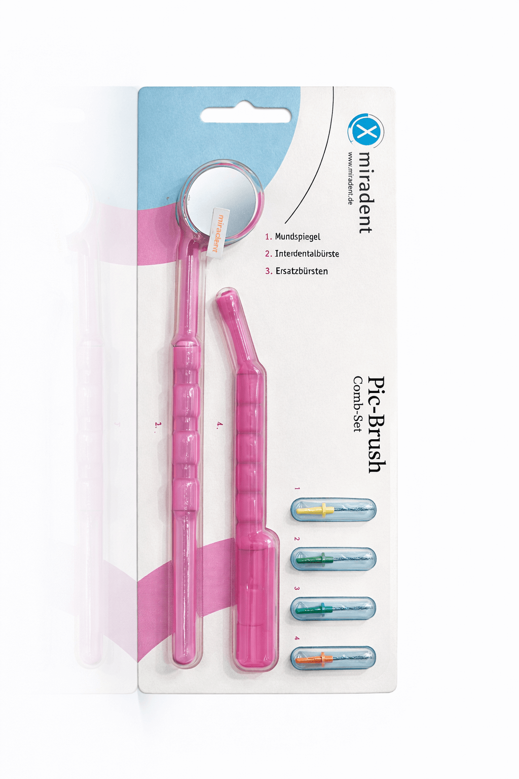 Zestaw PIC BRUSH COMBI SET: lusterko, uchwyt + 4 szczotki międzyzębowe kolor różowy