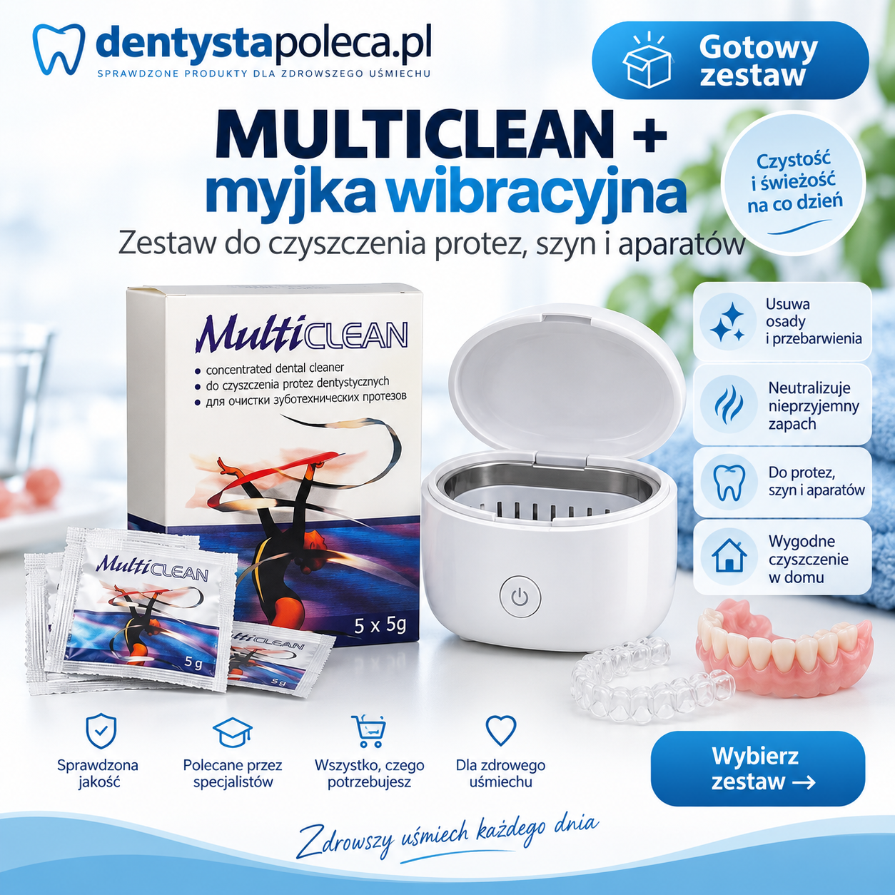MULTICLEAN ROKO 5×5 g + myjka wibracyjna – zestaw do czyszczenia protez, szyn i aparatów