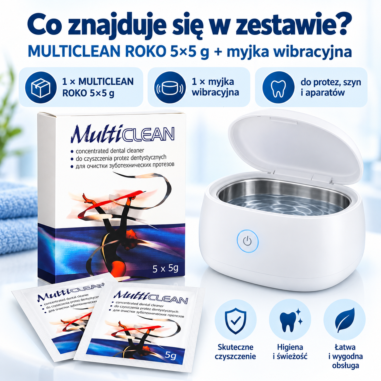 MULTICLEAN ROKO 5×5 g + myjka wibracyjna – zestaw do czyszczenia protez, szyn i aparatów - obrazek 4