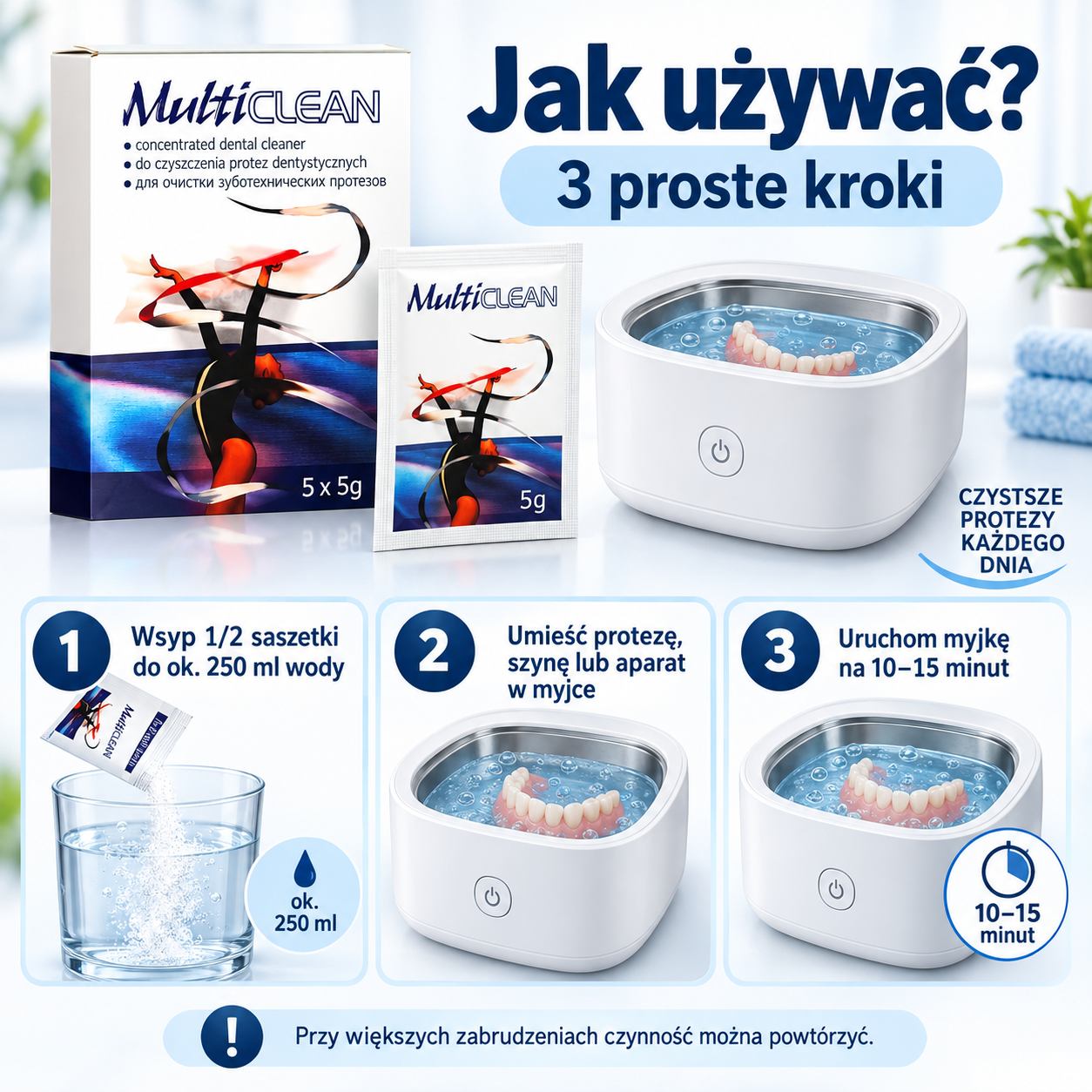 MULTICLEAN ROKO 5×5 g + myjka wibracyjna – zestaw do czyszczenia protez, szyn i aparatów - obrazek 3