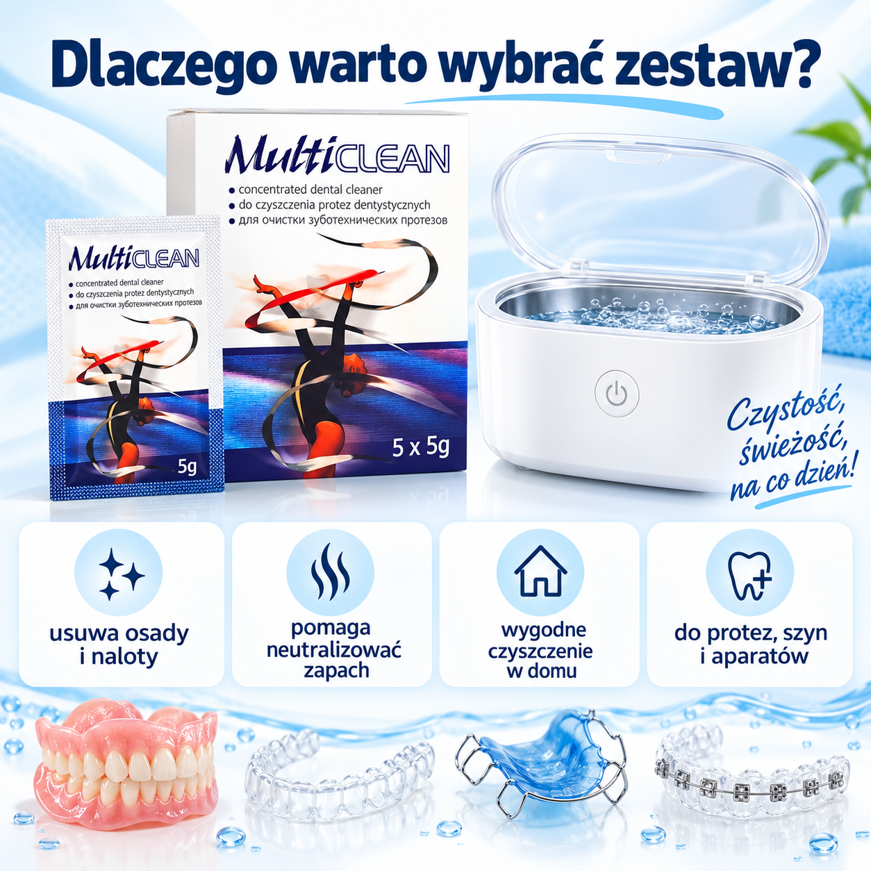 MULTICLEAN ROKO 5×5 g + myjka wibracyjna – zestaw do czyszczenia protez, szyn i aparatów - obrazek 2