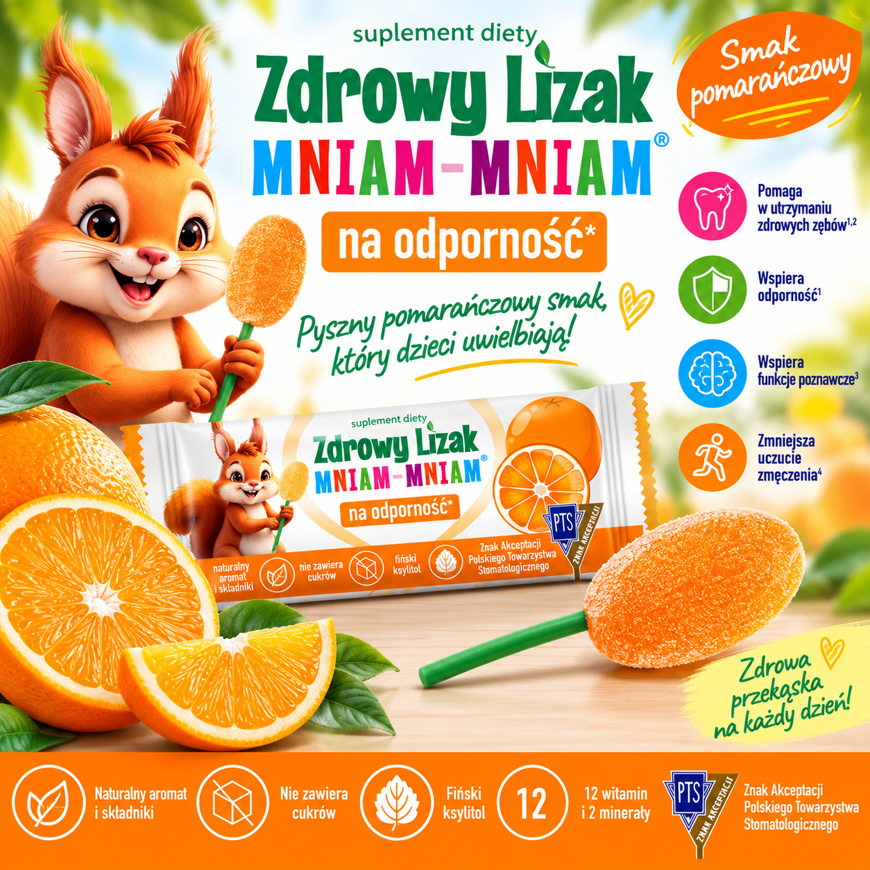 Zdrowy Lizak Mniam-Mniam pomarańczowy 1 szt. – bez cukru, z ksylitolem i witaminami - obrazek 2