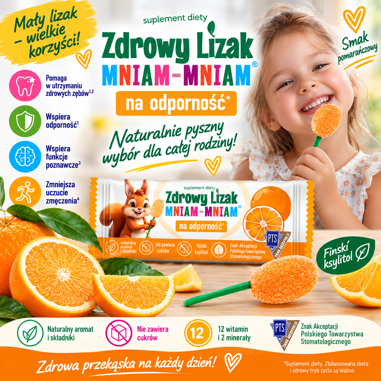 Zdrowy Lizak Mniam-Mniam pomarańczowy 1 szt. – bez cukru, z ksylitolem i witaminami - obrazek 3