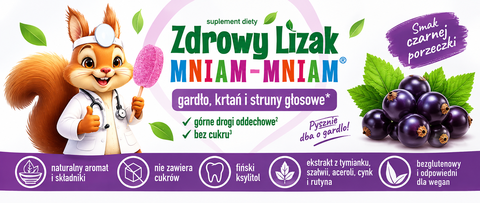 Zdrowy Lizak Mniam-Mniam na gardło czarna porzeczka 1 szt. – bez cukru - obrazek 2