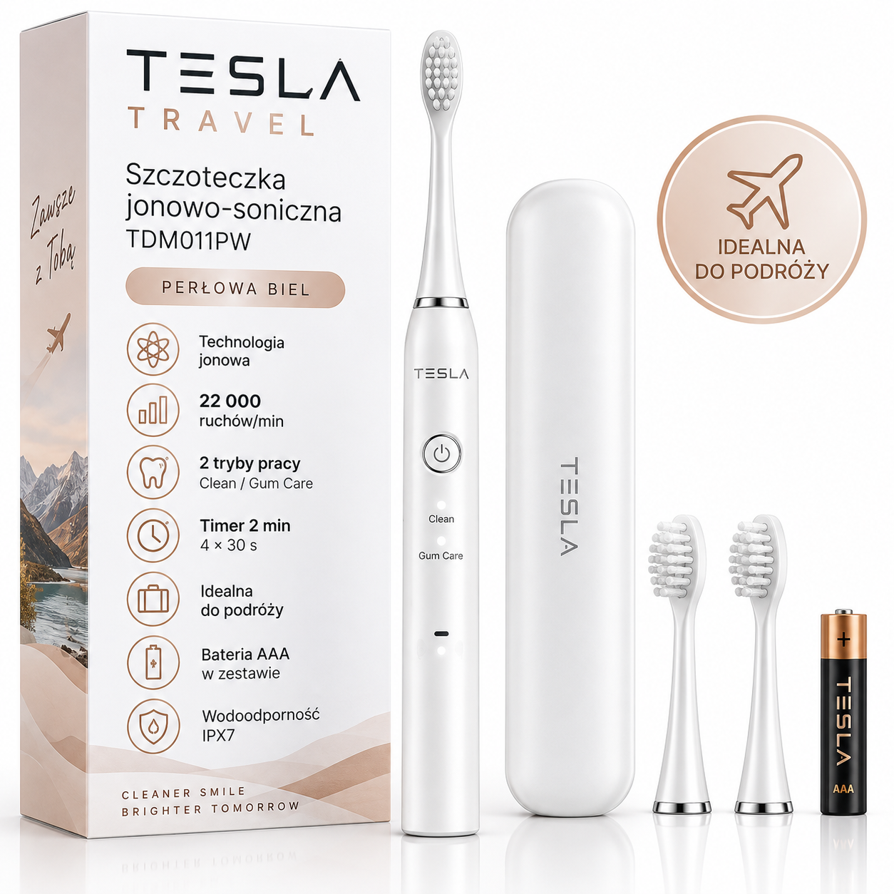 TESLA Travel TDM011PW – szczoteczka jonowo-soniczna, perłowa biel + 2 końcówki - obrazek 7