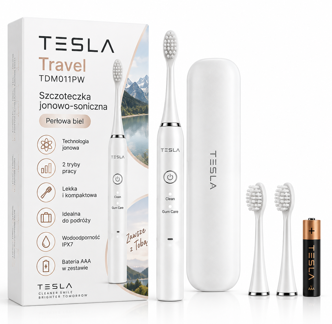 TESLA Travel TDM011PW – szczoteczka jonowo-soniczna, perłowa biel + 2 końcówki - obrazek 2