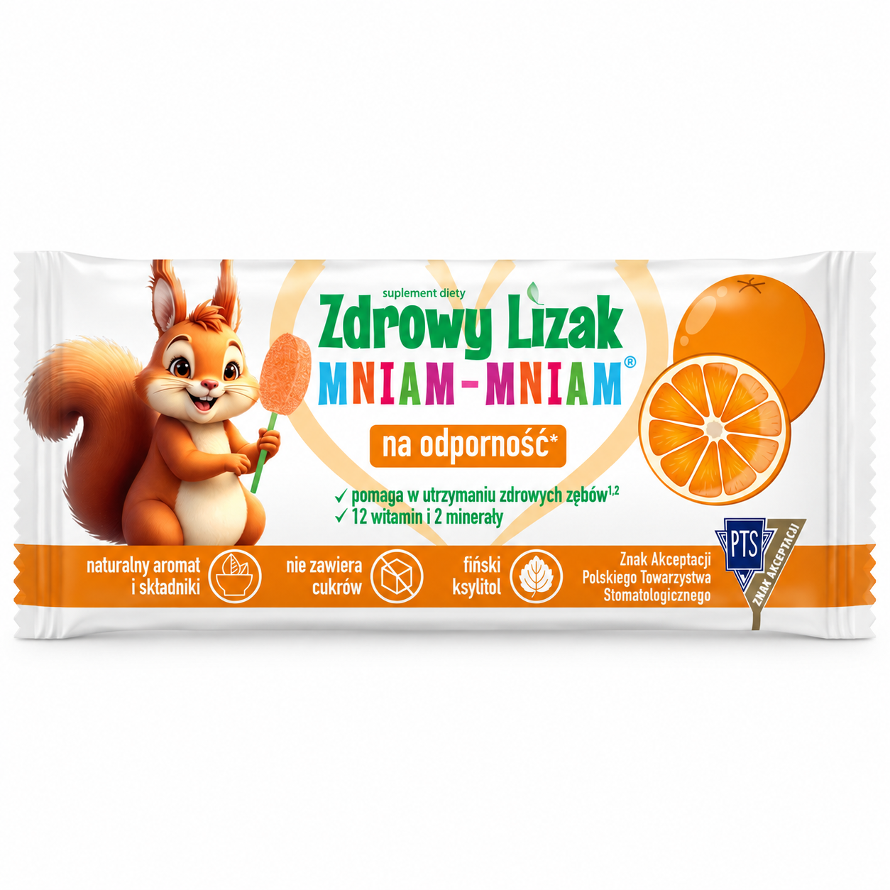 Zdrowy Lizak Mniam-Mniam pomarańczowy 1 szt. – bez cukru, z ksylitolem i witaminami