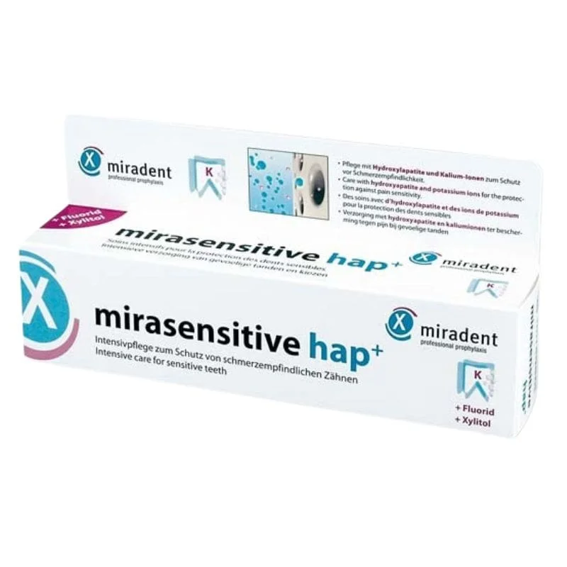 Зубная паста Miradent Mirasensitive HAP+, для чувствительных зубов, 30% гидроксиапатита, 1450 ppm фтора, 50 мл — фото 2
