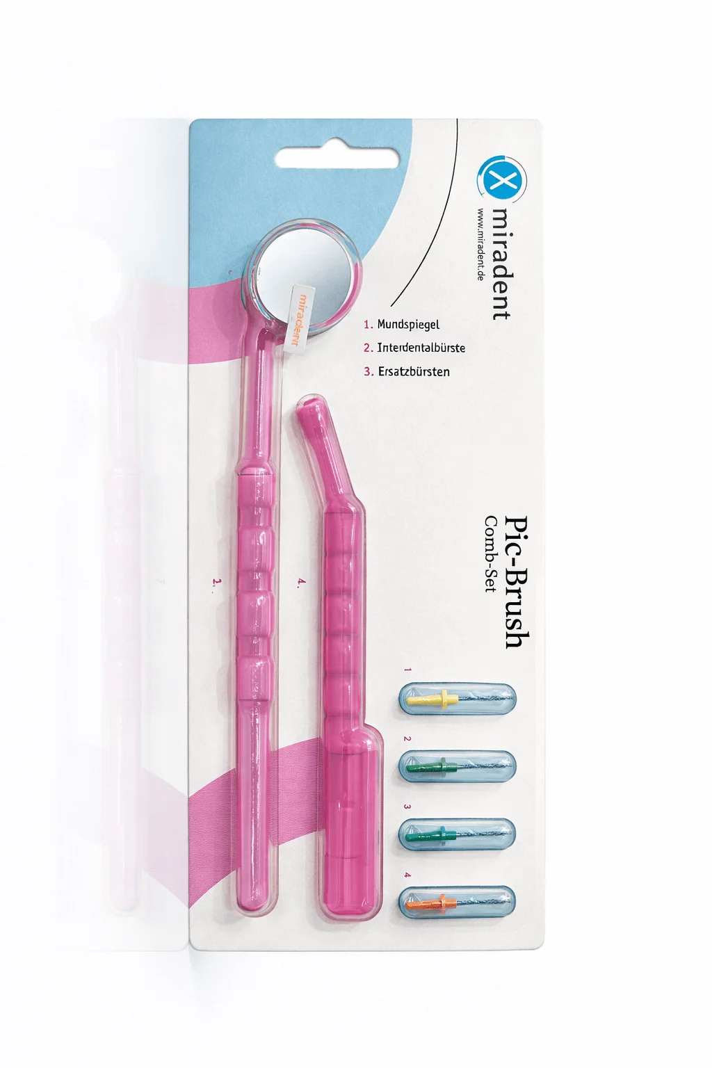 Zestaw PIC BRUSH COMBI SET: lusterko, uchwyt + 4 szczotki międzyzębowe kolor różowy