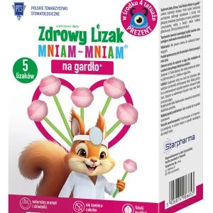 Zdrowy Lizak Mniam-Mniam na gardło 5 szt. + tatuaże – malinowy, bez cukru