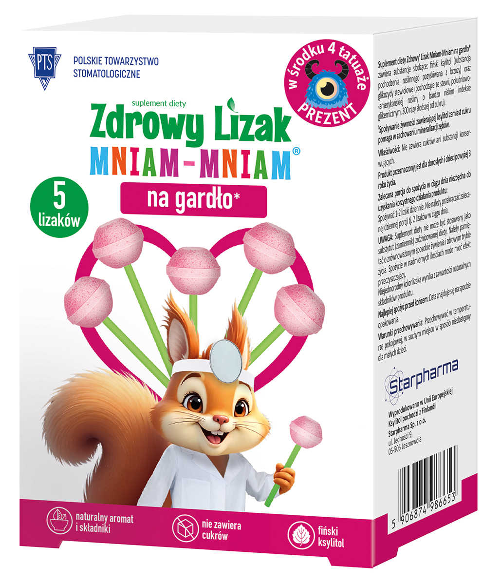 Zdrowy Lizak Mniam-Mniam na gardło 5 szt. + tatuaże – malinowy, bez cukru