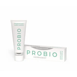 HERBADENT PROBIO 75 g – tubka i kartonik pasty z postbiotykami na białym tle