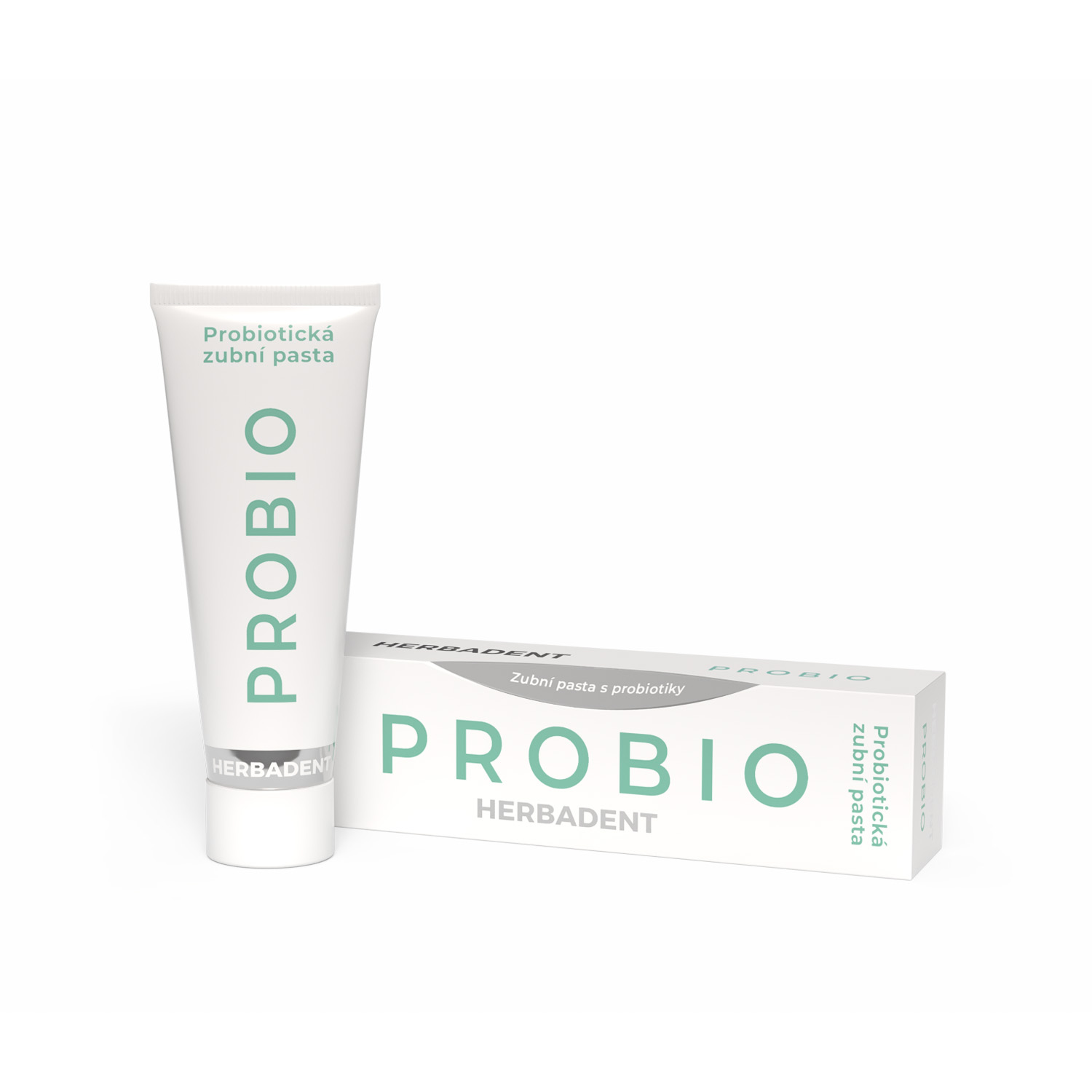 HERBADENT PROBIO 75 g – tubka i kartonik pasty z postbiotykami na białym tle