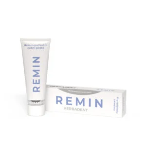 HERBADENT REMIN 75 g – tubka i opakowanie pasty z hydroksyapatytem na białym tle
