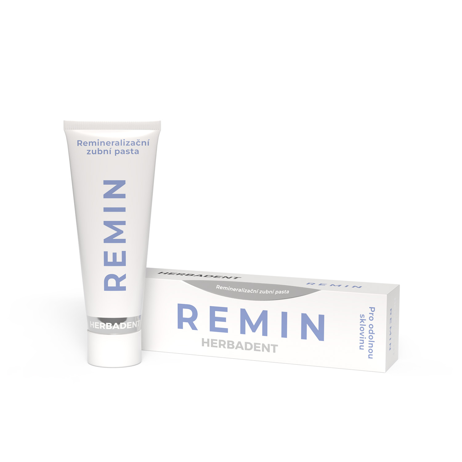 HERBADENT REMIN 75 g – tubka i opakowanie pasty z hydroksyapatytem na białym tle