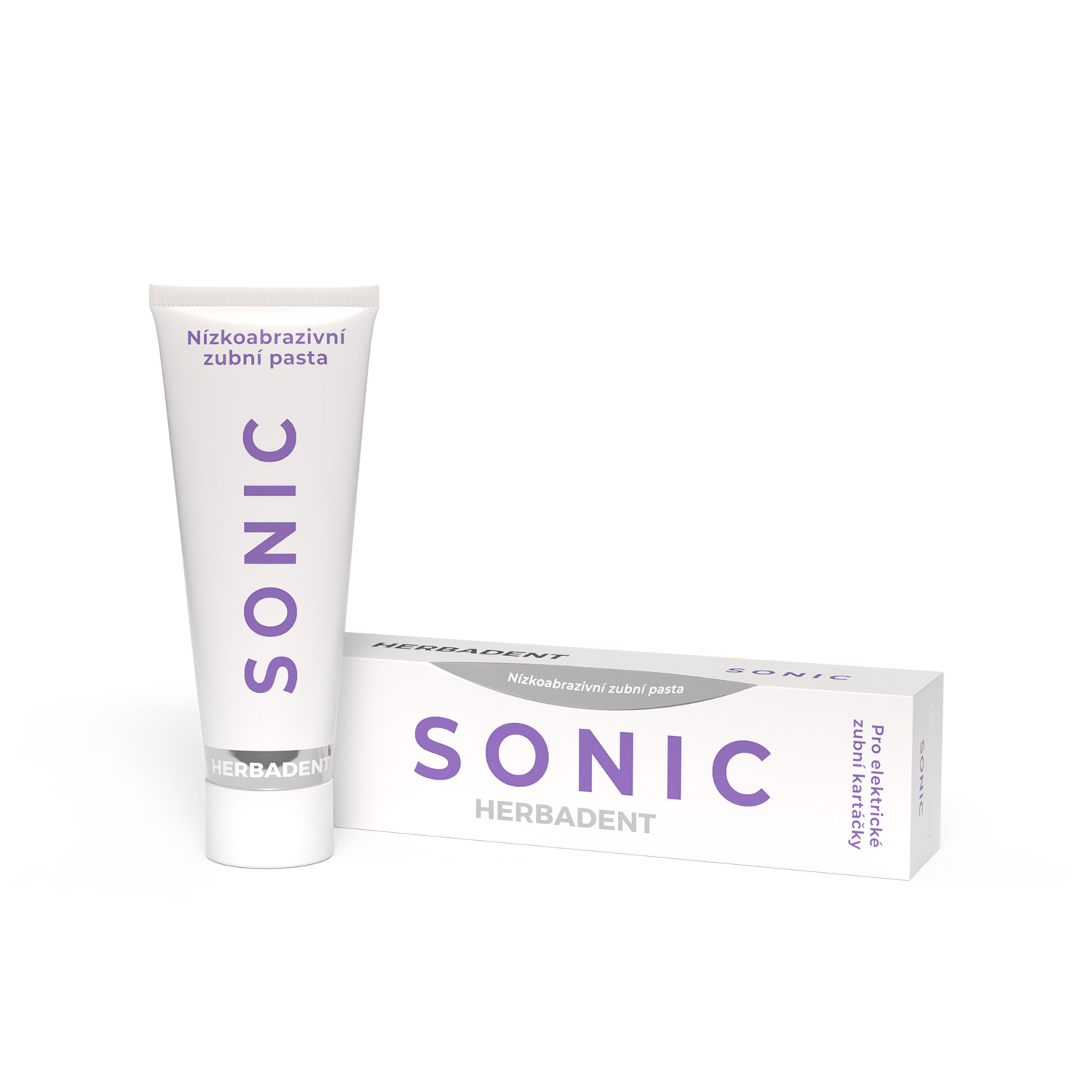 HERBADENT SONIC 75 g – tubka i opakowanie pasty do szczoteczek elektrycznych na białym tle